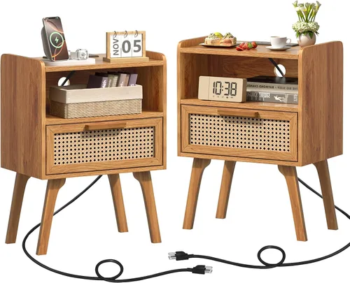 Vista 9 de Lerliuo Rattan Nightstand with Charging Station, Boho Night Stand Natural