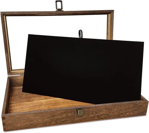 Vista 10 de MOOCA Estuche de exhibición de joyería de madera con tapa de vidrio templado y almohadilla de exhibición de joyería de terciopelo MDF lujoso negro