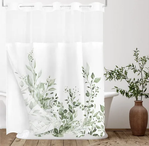 Vista 76 de Tititex - Juego de cortinas de ducha de eucalipto negro, hojas de acuarela gris en la parte superior, con decoración floral de baño, 60 x 72