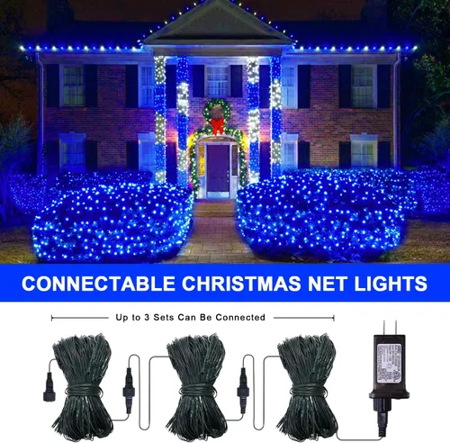 Vista 2 de JMEXSUSS 360 luces LED de red azul para exteriores, conectables de 12 pies x 5 pies, luces de red de Navidad enchufables con control remoto, 8 modos
