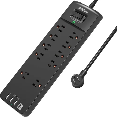 Vista 8 de Regleta de Enchufes - Addtam Protector contra Sobretensiones con 10 Tomas y 4 Puertos USB, Cable de Extensión de 6 Pies con Enchufe Plano, 2700 Negro