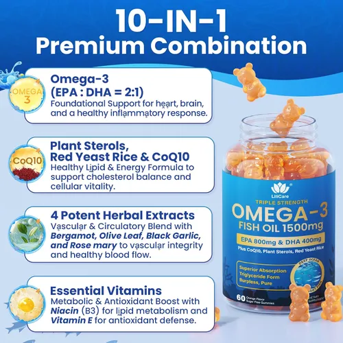 Vista 7 de Gomitas Omega 3 de aceite de pescado de 1500 mg para adultos, triple fuerza con EPA y DHA, COQ10, arroz de levadura roja, suplementos de ácidos