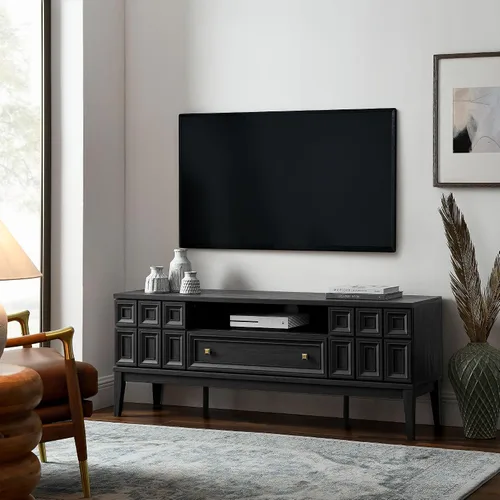 Vista 2 de Modway Samos - Soporte retro para TV de 59 pulgadas con patrón geométrico en negro, mueble consola de TV vintage con almacenamiento y organización