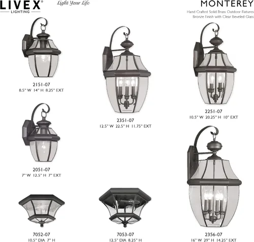 Vista 6 de Livex Lighting 2251-07 Monterey - Farol de pared de latón macizo con acabado en bronce de 2 luces para exteriores con cristal biselado transparente