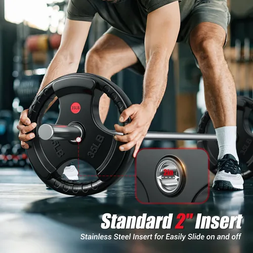 Vista 5 de GIKPAL Discos de peso de goma de agarre olímpico de 2 pulgadas para entrenamiento de fuerza, levantamiento de pesas en el hogar y el gimnasio, juego