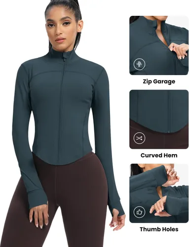Vista 25 de AVGO Chaquetas de entrenamiento recortadas para mujer, con cremallera, ajustadas, atléticas, con agujeros para el pulgar