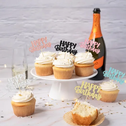 Vista 8 de Gyufise 24 piezas de decoración para pastel de cumpleaños con purpurina, adornos brillantes para pastel de cumpleaños, adornos de comida