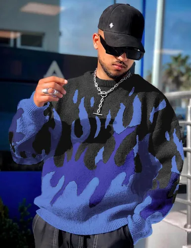 Vista 113 de ZAFUL Y2K - Suéter casual con estampado de llama estética para hombre, suéter de punto holgado, manga larga, cuello redondo
