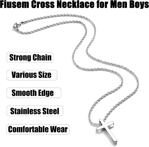 Vista 4 de Fiusem Collar de cruz para hombre, collar con dije de cruz en tono plateado y cadena de cruz para hombres y niños, collar de cruz de acero