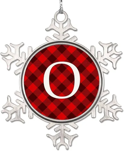 Vista 22 de Adorno de copo de nieve de letra A con inicial de copo de nieve, adorno de monograma a cuadros rojos para decoración de árbol de Navidad, adornos