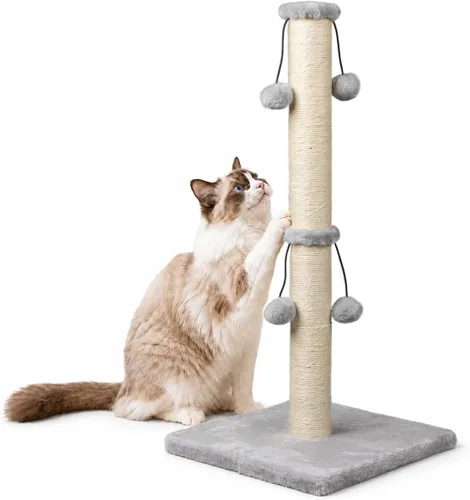 Vista 9 de Dimaka Poste rascador para gatos de 34 pulgadas, Poste rascador para gatos, Rascador para gatos grandes con pelota de juguete tentadora, Sisal Beige