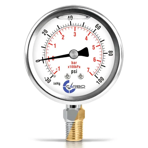 Vista 29 de Medidor de presión de vacío lleno de líquido Carbo de 0 a -30 inHg con certificado rastreable NIST, calibrado en laboratorio de EE. UU., Dial de 2.5
