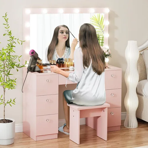 Vista 6 de VOWNER Tocador con espejo iluminado: escritorio de maquillaje con parte superior de vidrio con 7 cajones y toma de corriente, 3 modos de iluminación