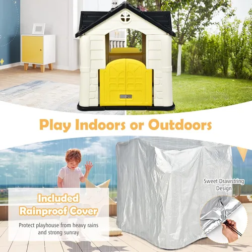 Vista 3 de Costzon Casa de juegos para niños, juegos de jardín al aire libre con puertas y ventanas de trabajo, casa de juguetes de simulación con mesa