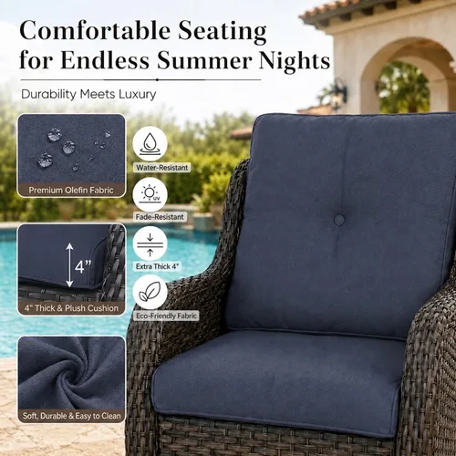 Vista 3 de HUMMUH Juego de 2 Sillas Giratorias Mecedoras de Mimbre para Patio Exterior, Juego de Muebles de Sillas Mecedoras de Ratán (Marrón, Azul) 50,000