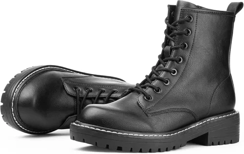 Vista 7 de ICHIGO Botines al tobillo de moda para mujer, botas de combate con 8 ojales, cremallera lateral y cordones
