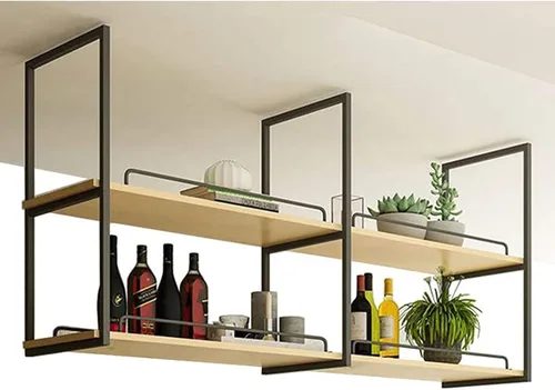 Vista 4 de Estantería de techo, estante de almacenamiento montado en el techo de 2 niveles de madera maciza de hierro nórdico, libros de plantas para botellas