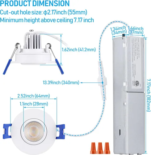 Vista 6 de TORCHSTAR CRI90 - Paquete de 6 luces empotrables LED de 5CCT de 2 pulgadas, aluminio, CRI90 Dimmable Adjustable Swivel Eyeball Downlight, ETL, IC