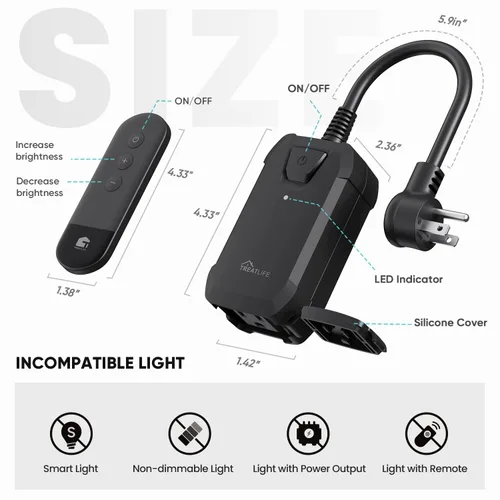 Vista 2 de TREATLIFE Enchufe de atenuación con control remoto inalámbrico de 100 pies, resistencia a la intemperie IP44, atenuador al aire libre para luces