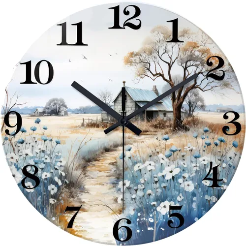 Vista 13 de XNM Reloj de pared redondo para cocina, funciona con pilas, reloj de pared rústico de 10 pulgadas con flores azules, reloj de pared silencioso