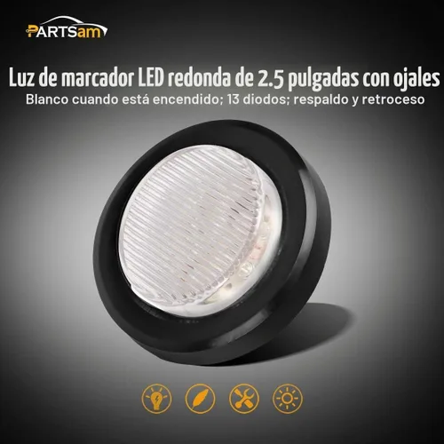 Vista 2 de Partsam 2 piezas de 2.5 pulgadas, marcador lateral redondo blanco y luces de liquidación, luces de respaldo inversas, 13 diodos, ojales/coletas