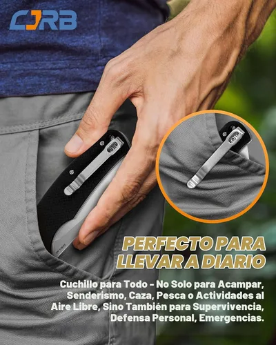 Vista 5 de CJRB - Navaja de bolsillo con hoja de acero AR-RPM9 de 3.3 pulgadas, mango Mango negro G10
