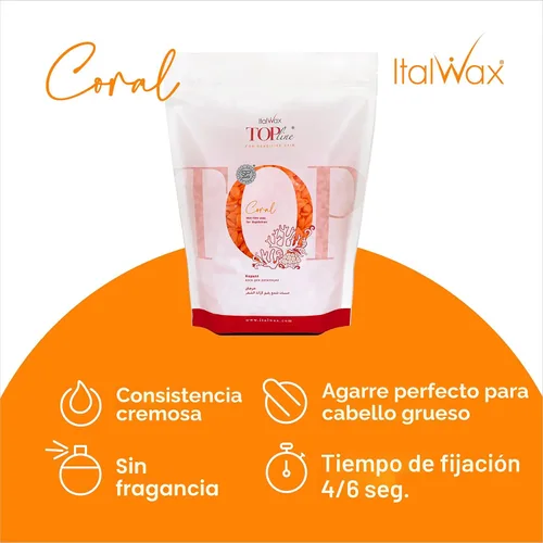 Vista 2 de Italwax Top Line Cera Dura Coral 1.65 lb (750g) – Textura Cremosa Naranja Intensa con Agarre Fuerte, Ideal para Bikini y Cabello Grueso, Aplicación