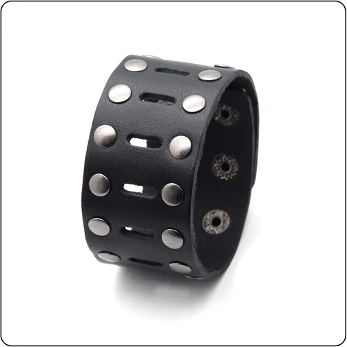 Vista 4 de Pulsera de cuero ancho hueco de doble fila de remaches punk rock