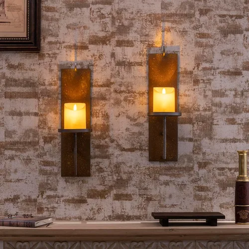 Vista 9 de Juego de 2 apliques de pared vintage para velas, metal de hierro envejecido, 15.6 x 3.9 pulgadas, estilo rústico de granja