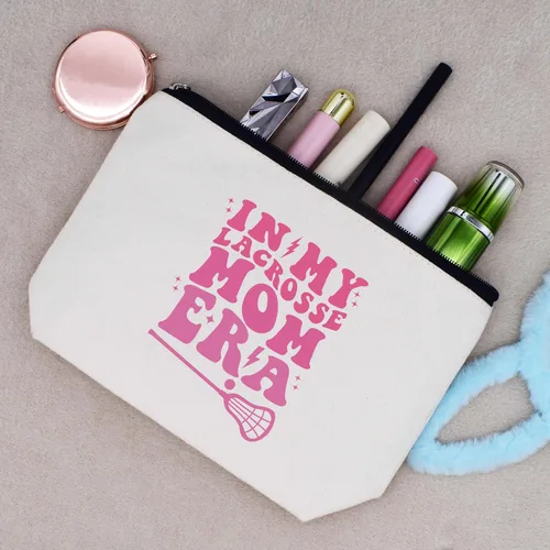 Vista 7 de LIBIHUA Bolsa de maquillaje para mujer, bolsa de cosméticos regalos para ella, bolsa de viaje femenina, Beige, 1 en mi era de Lacrosse Mom