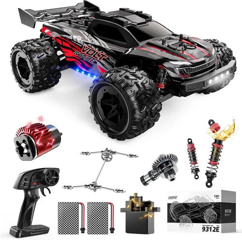 Vista 8 de DEERC 9312E escala 1/18 coches rápidos de control remoto, 42+ KPH Off Road Color base negro con rojo brillante
