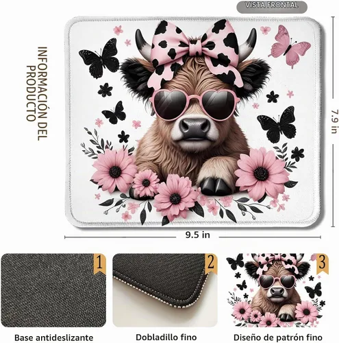Vista 2 de Highland - Alfombrilla de mouse de vaca con lazo rosa coqueta floral para mouse inalámbricos, computadora portátil, accesorios de escritorio, 9.5 x