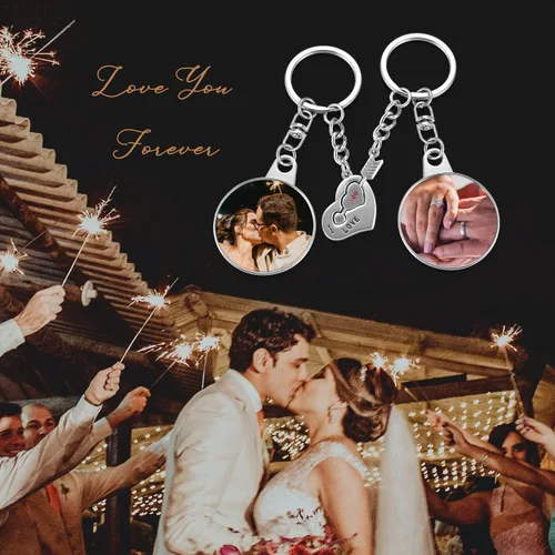 Vista 5 de BOPREINA 2 llaveros personalizados con foto para él y ella, grabado de imagen de doble cara, llavero a juego para parejas, regalo conmemorativo