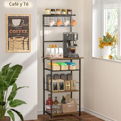 Vista 4 de Estación de café de 5 niveles, soporte de cocina con 4 ganchos en forma de S, gabinete de barra de café de esquina estilo granja para espacios