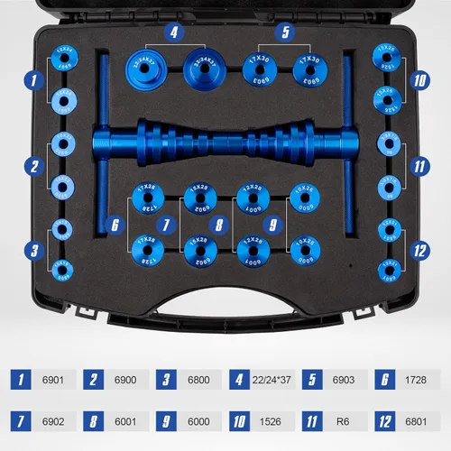 Vista 6 de Kit de prensa de rodamientos para cubo y pivote de bicicleta, herramienta universal de 25 piezas
