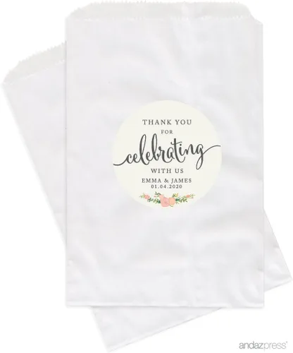 Vista 33 de Andaz Press Bolsas de regalo personalizadas para mesa de postre, agradecimiento por celebrar con nosotros, aguamarina, paquete de 24, personalizadas