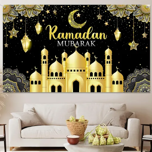 Vista 7 de Boyiee Decoración de Ramadán Mubarak, telón de fondo musulmán Ramadán Kareem, letrero de Eid Mubarak, fondo de cabina de fotos para el hogar, Negro
