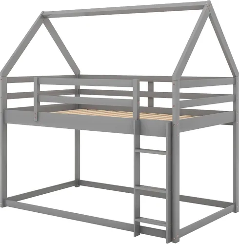 Vista 5 de Harper & Bright Designs Litera baja de tamaño individual sobre individual, marco de cama de madera para casa, escalera integrada, barandilla, techo