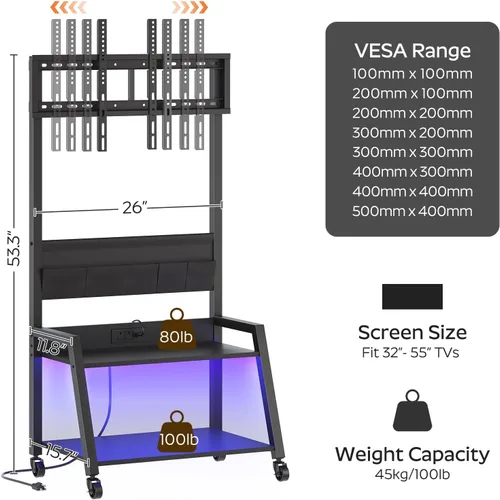 Vista 5 de YATINEY Soporte de TV móvil con toma de corriente, soporte de TV móvil con luz LED de hasta 55 pulgadas, carrito de TV con soporte, 5 bolsas de tela