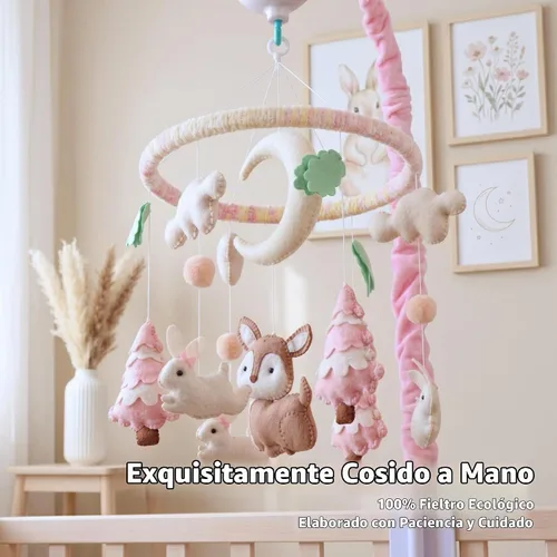 Vista 3 de Móvil de bebé rosa para cuna, cuna móvil con música, animales del bosque