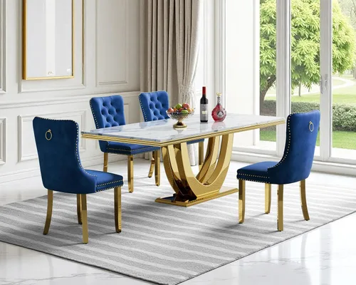 Vista 16 de SSLine Juego de mesa de comedor de mármol sintético blanco de 68 pulgadas