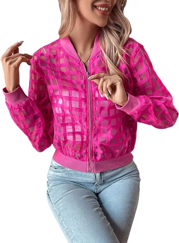 Vista 4 de Floerns Chaqueta bomber de manga larga con cuello de béisbol con cremallera para mujer