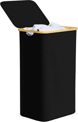 Vista 19 de SpaceAid Cesta de lavandería delgada con ruedas y tapa, cesta de ropa estrecha rodante de 62 litros con mango de bambú, canasta grande para ropa