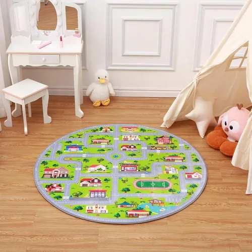 Vista 10 de NANAN Alfombra de juego para niños de 4 x 4 pulgadas, alfombra de coche, alfombra de juegos para niños pequeños, alfombra circular para niños, sala