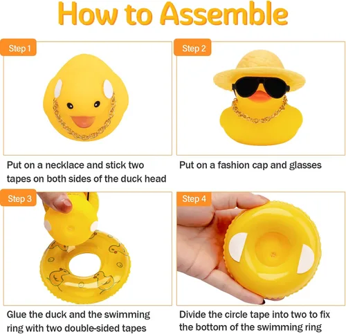 Vista 4 de wonuu Pato de goma para automóvil, decoración de pato amarillo con sombrero para el sol, anillo de natación, collar, gafas de sol para decoración