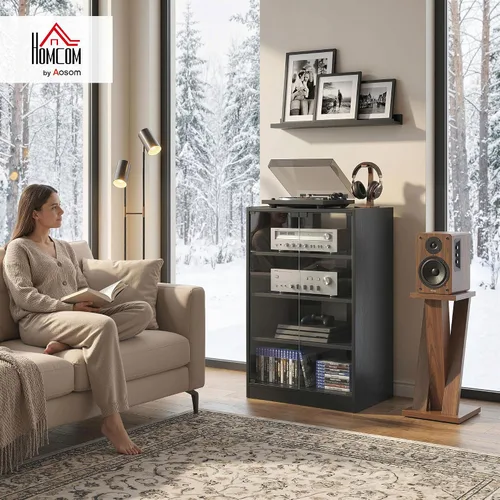 Vista 2 de HOMCOM Media Cabinet - Gabinete estéreo de 4 niveles con puerta de cristal