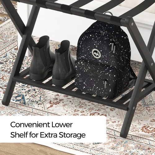 Vista 4 de Portaequipajes plegable con estante de almacenamiento para habitación de invitados Hotel Essentials de bambú sólido resistente soporte