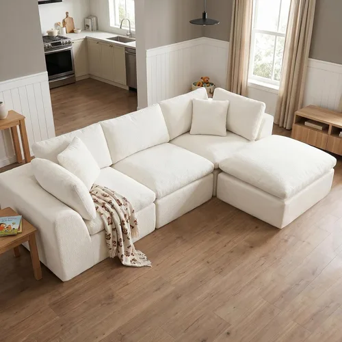 Vista 17 de Sofás de nube beige para sala de estar, sofá deshuesado de 4 plazas, sofá modular seccional, no requiere montaje, tapizado de chenilla, moderno