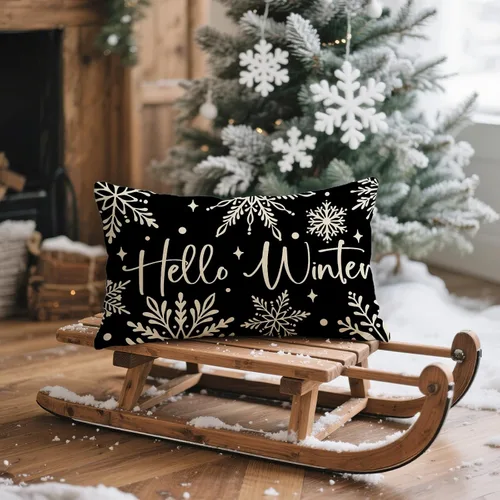 Vista 6 de Fahrendom Hello Winter - Funda de almohada rectangular decorativa lumbar negra de 12 x 20 pulgadas, diseño de copos de nieve de Navidad, porche