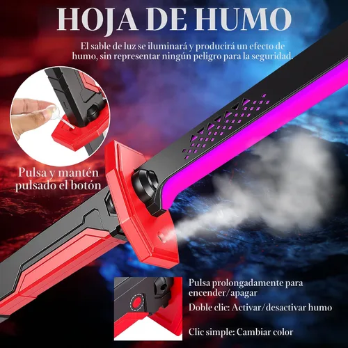 Vista 3 de Juguete de sable de luz RGB con efecto de niebla de humo, sable de luz de neón de 7 colores, efectos de sonido y detección de impacto, espada
